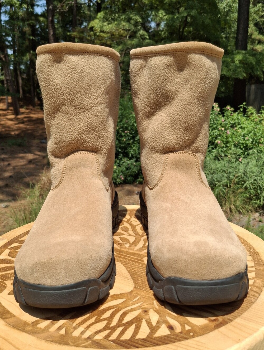 VTG Lands' End Women's Tan Suede & Fleece-Lined Mid Calf Back Zip Winter Boots 9 - Picture 2 of 11